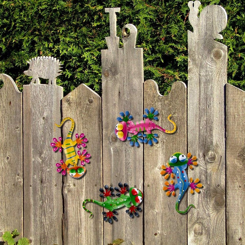 hogardeck Metal Gecko Outdoor Wall Decor  4 Pack Lizard Art Garden Sculptures & Statues with Shaking Head Spring Decor for Front Yard Fence Patio - Image 4